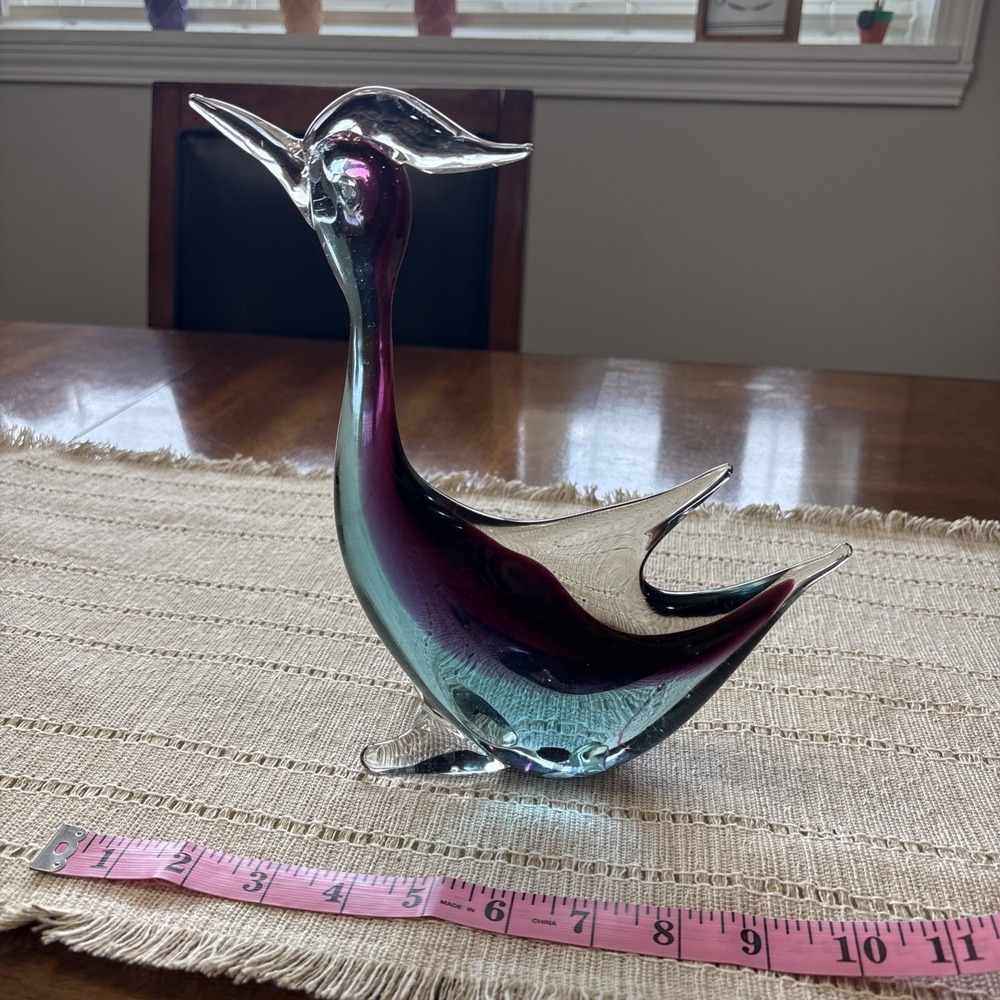 Glass Bird Figurine Paperweight Goose Duck Blue Purple Clear Cased